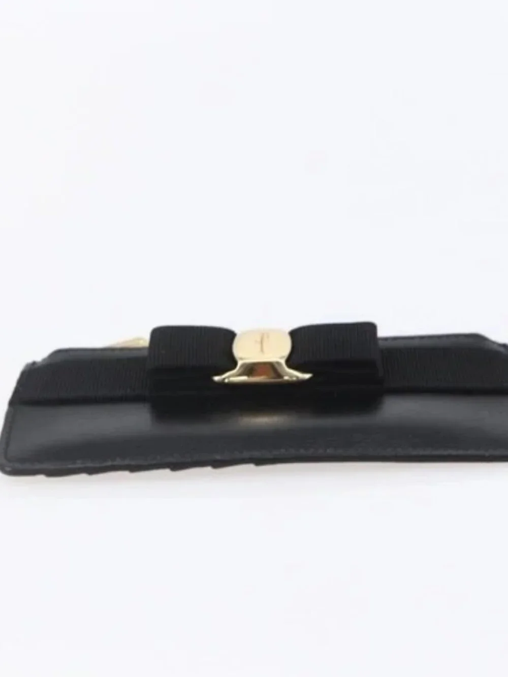 Salvatore Ferragamo Vala Card Case Leather Black Gold Auth BA8463